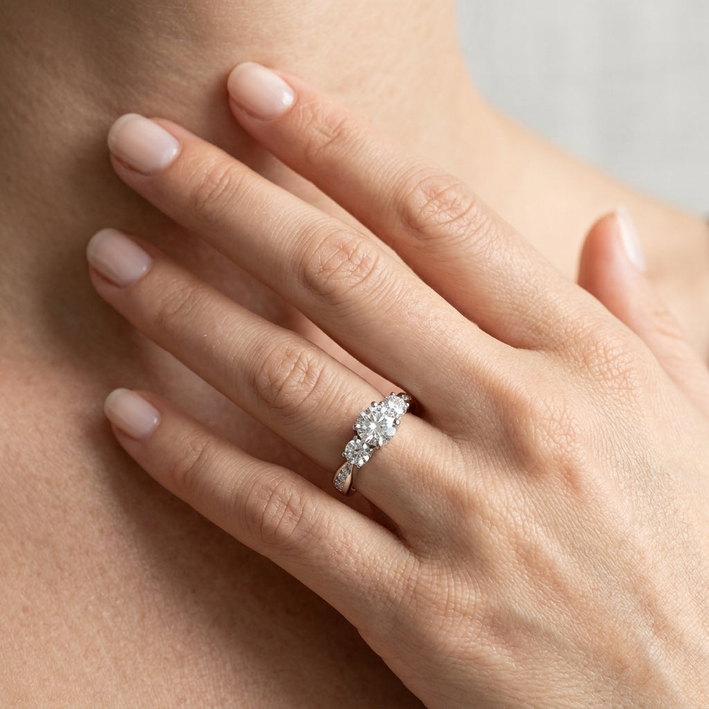 ENGAGEMENT RINGS 3 STONE ROUND - worn lifestyle photo
