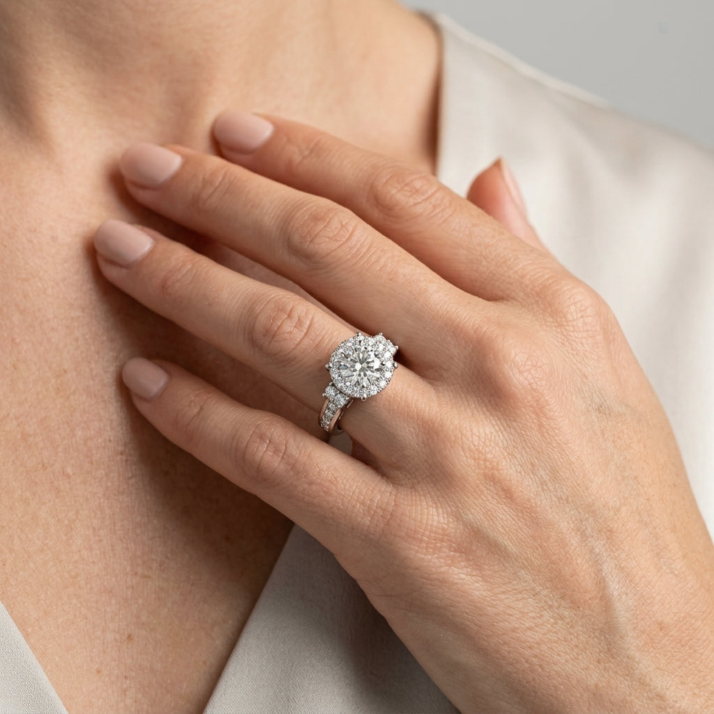 ROUND HALO ENGAGEMENT RING - worn lifestyle photo