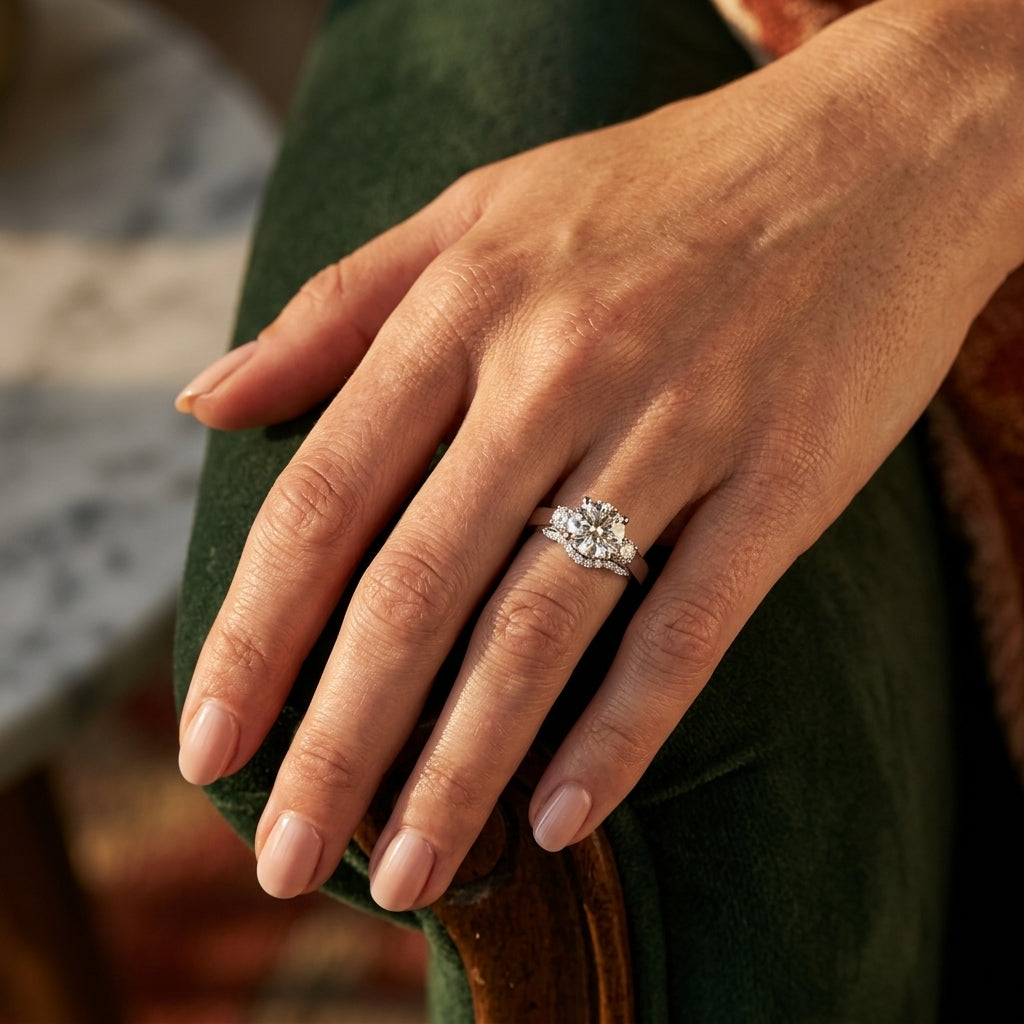 3-Stone Round Engagement Ring - worn lifestyle photo