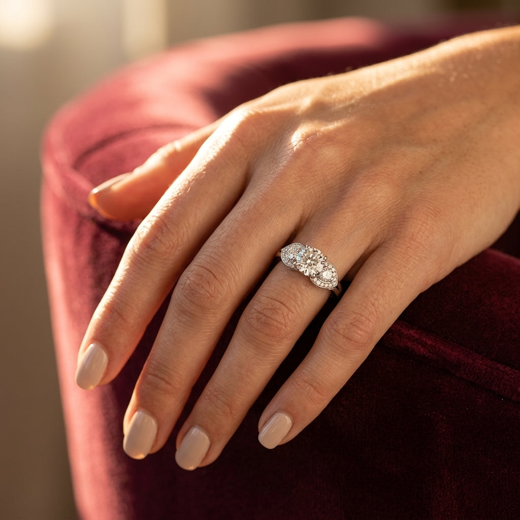 ENGAGEMENT RINGS 3 STONE ROUND - worn lifestyle photo