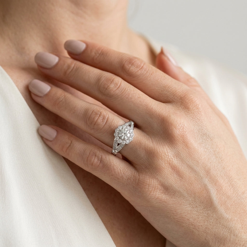 Flower Halo Split Shank Engagement Ring - worn lifestyle photo
