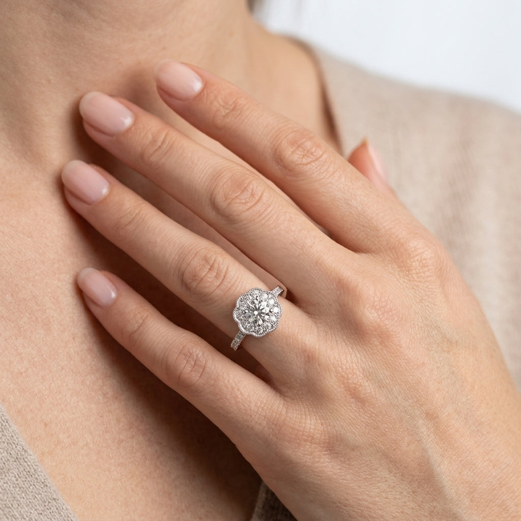 Round Lab Grown Diamond Engagement Ring - Style 50999 - worn lifestyle photo