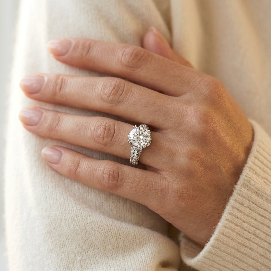 Round Lab Grown Diamond Engagement Ring - Style 51043 - worn lifestyle photo