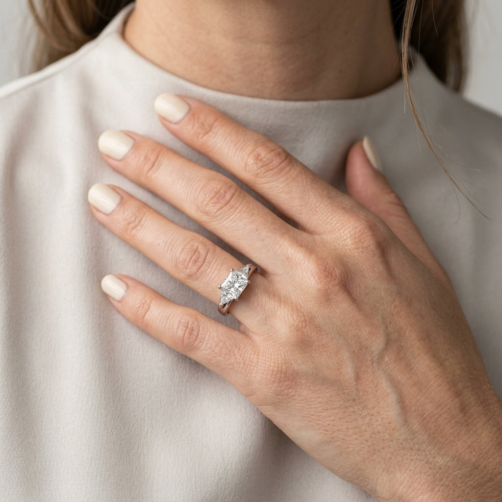 ENGAGEMENT RINGS 3 STONE PRINCESS - worn lifestyle photo