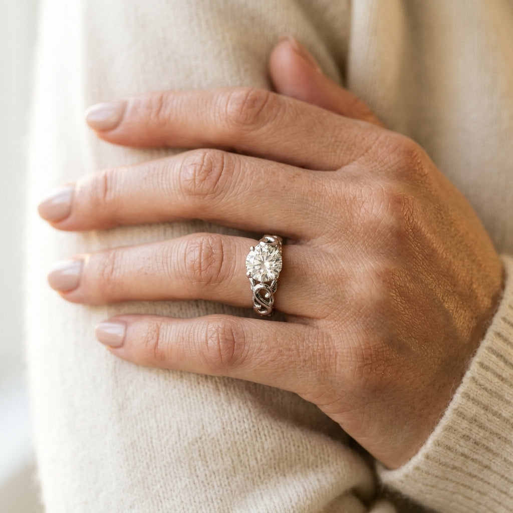 Filigree Solitaire Engagement Ring - worn lifestyle photo