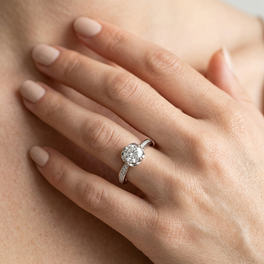 Round Lab Grown Diamond Engagement Ring - Style 84876 - worn lifestyle photo