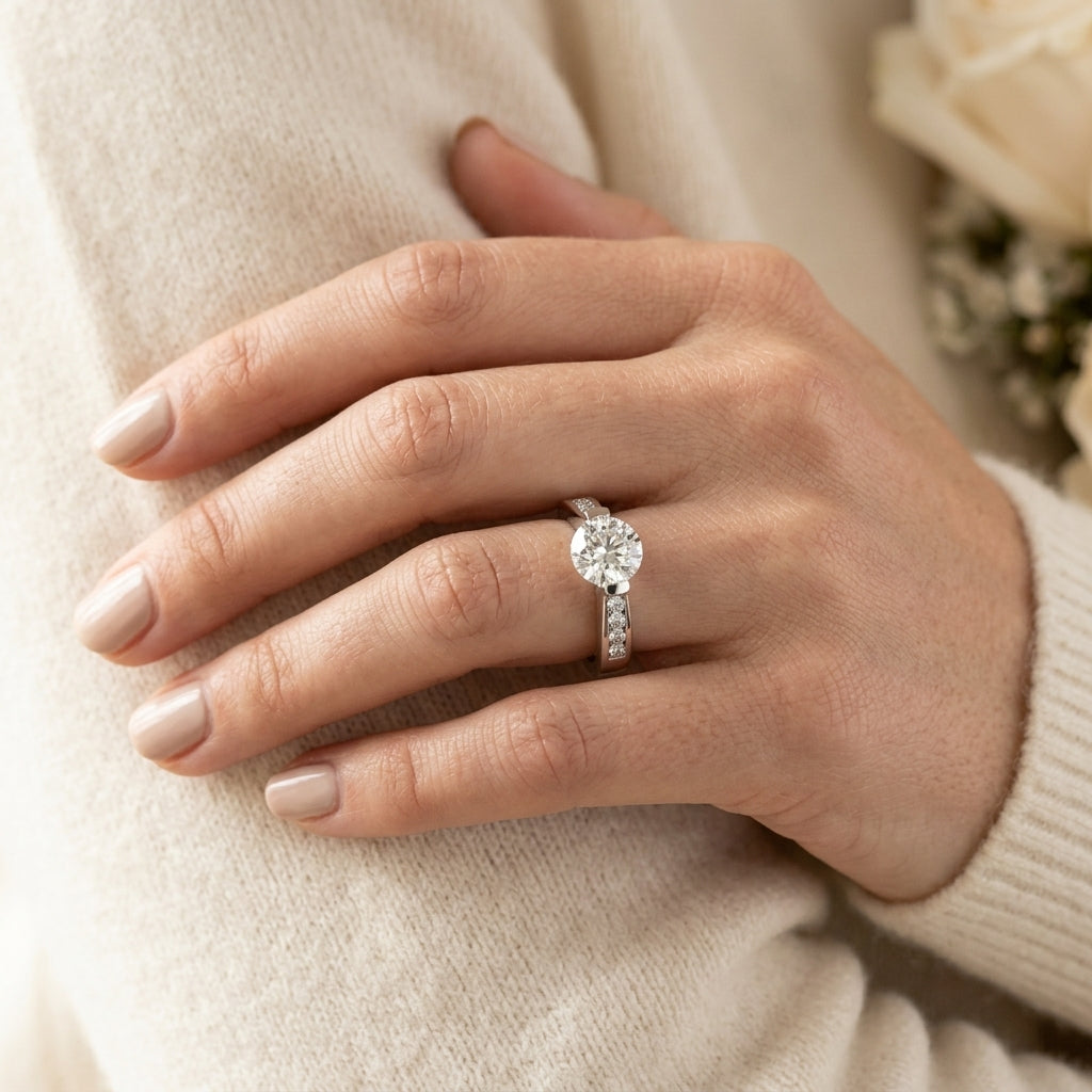 Channel Set Single Row Engagement Ring - worn lifestyle photo