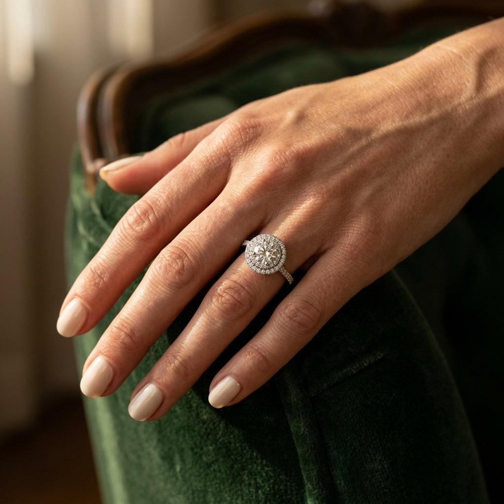Round Lab Grown Diamond Engagement Ring - Style 50986 - worn lifestyle photo