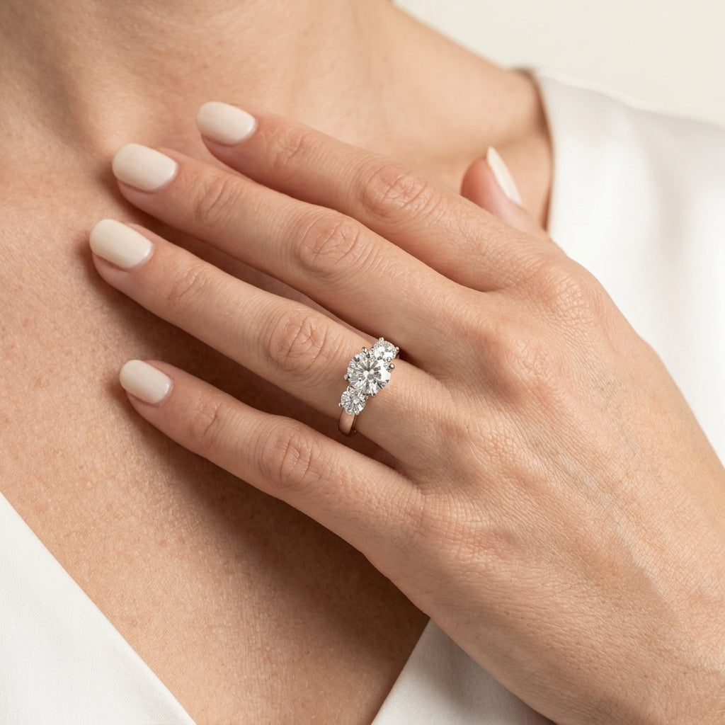 ENGAGEMENT RINGS 3 STONE ROUND - worn lifestyle photo