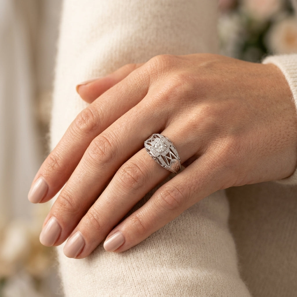 Round Vintage Lab Grown Diamond Engagement Ring - Style 82615 - worn lifestyle photo