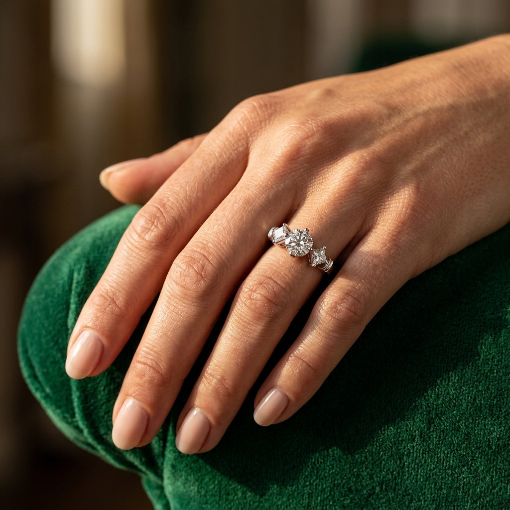 ENGAGEMENT RINGS 3 STONE ROUND - worn lifestyle photo