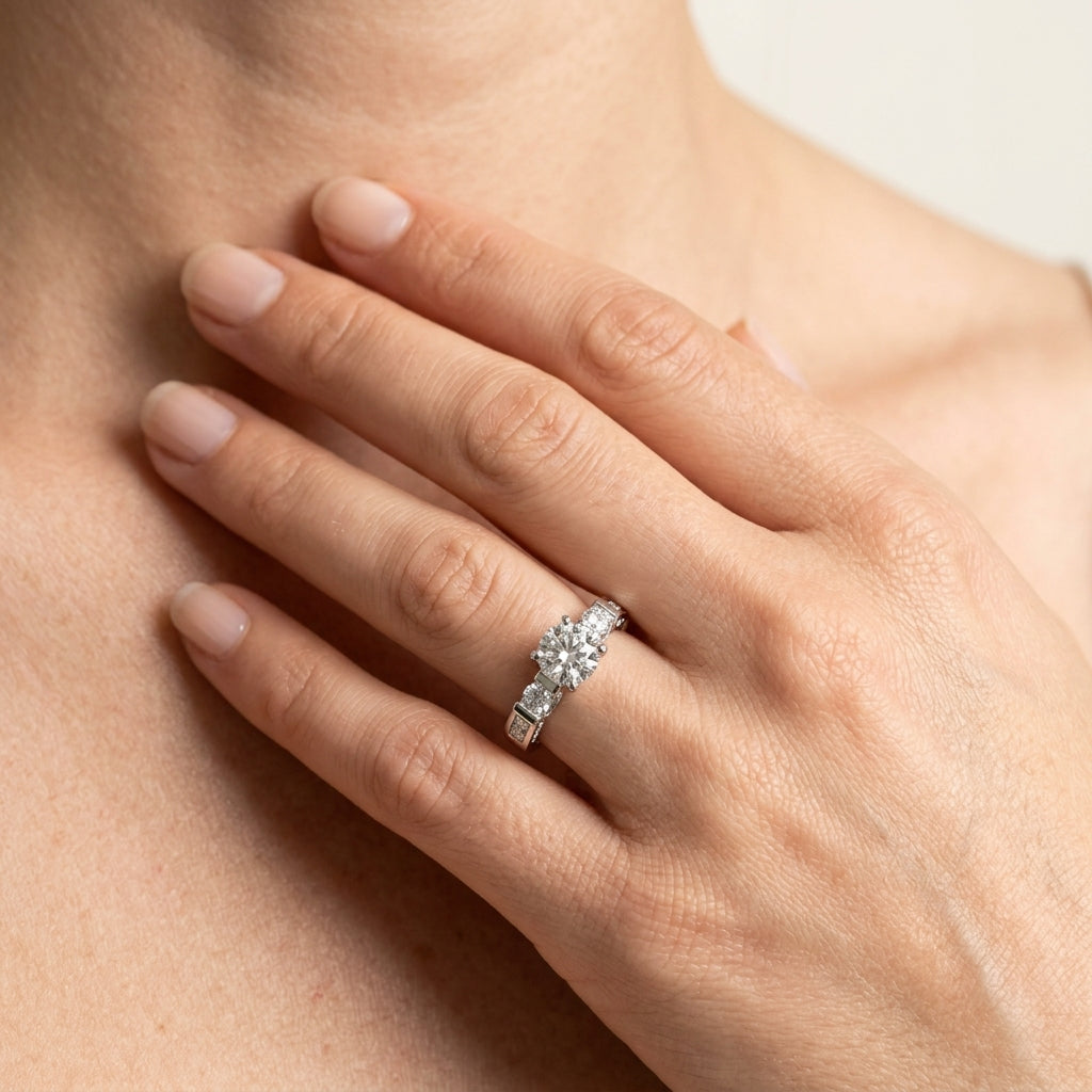ENGAGEMENT RINGS 3 STONE ROUND - worn lifestyle photo