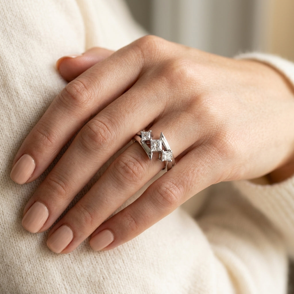 ENGAGEMENT RINGS 3 STONE PRINCESS - worn lifestyle photo