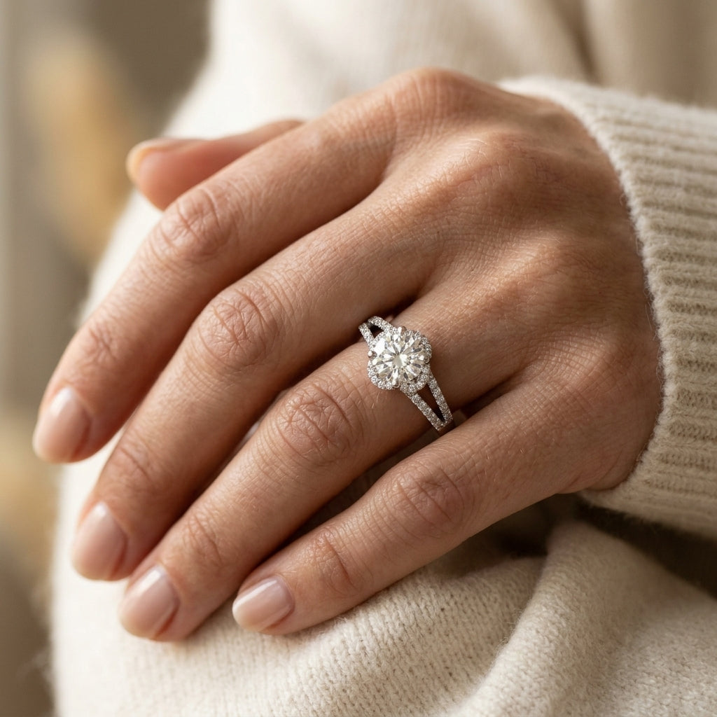 Round Lab Grown Diamond Engagement Ring - Style 84818 - worn lifestyle photo