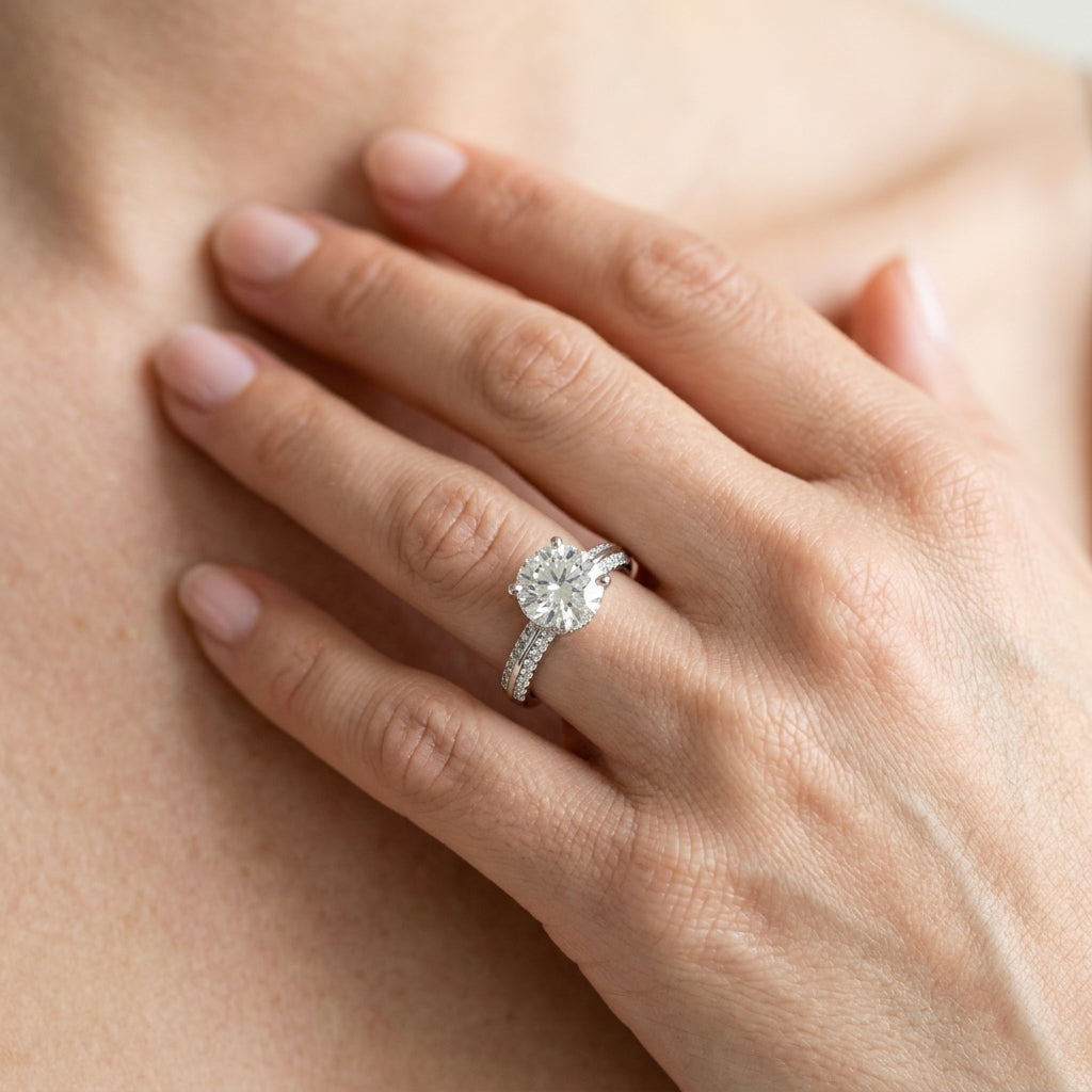 Round Pavé Lab Grown Diamond Engagement Ring - Style 84387 - worn lifestyle photo