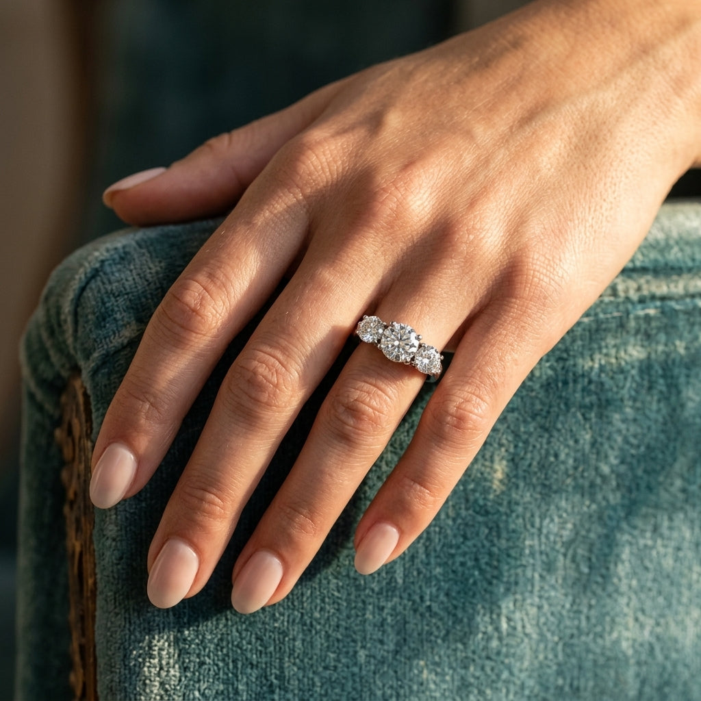 ENGAGEMENT RINGS 3 STONE ROUND - worn lifestyle photo