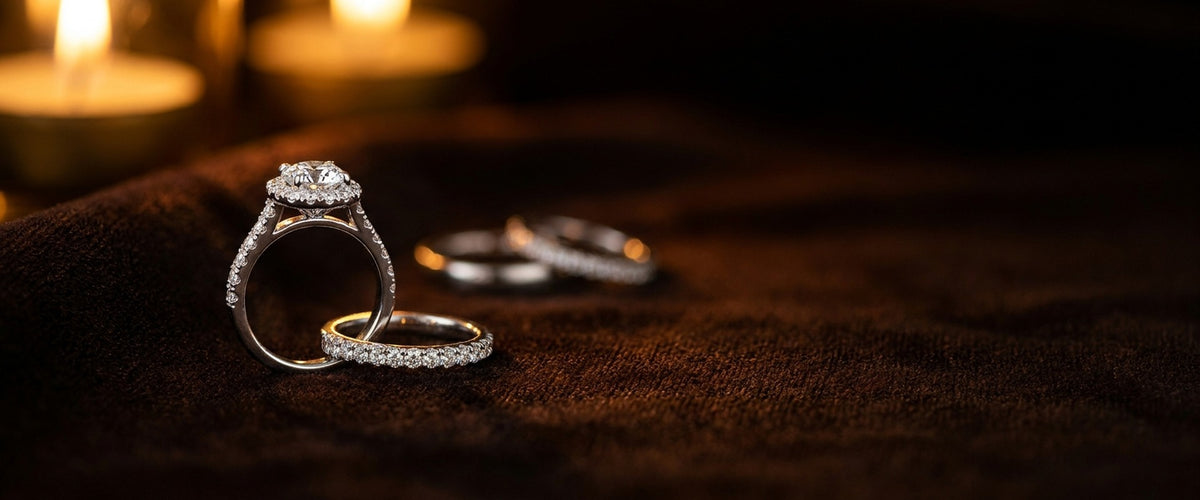 Halo diamond engagement ring and matching wedding band at Monica Jewelers