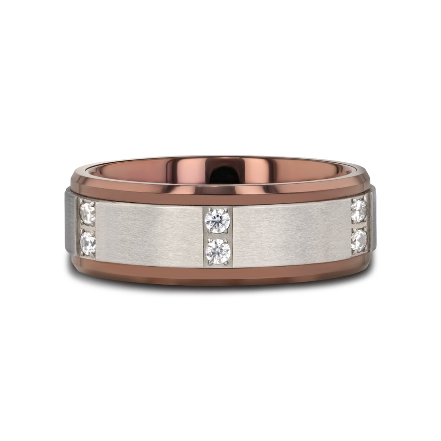 BEOWULF Raised Center Brushed Espresso Tungsten Carbide Wedding Band with Channel-Set Diamonds - 8mm