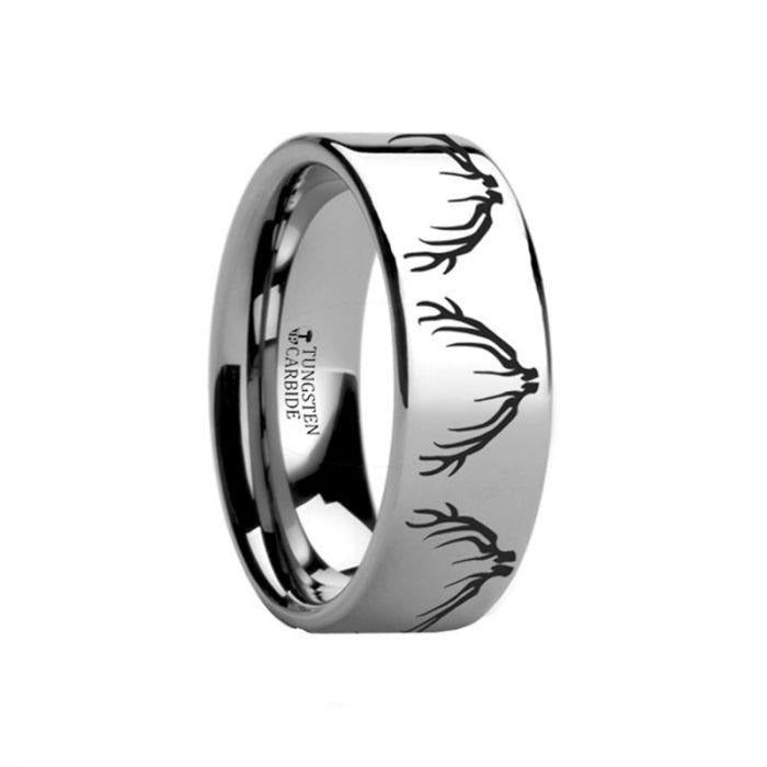 Deer Elk Antler Engraved Flat Tungsten Ring Polished- 4mm - 12mm - 8mm