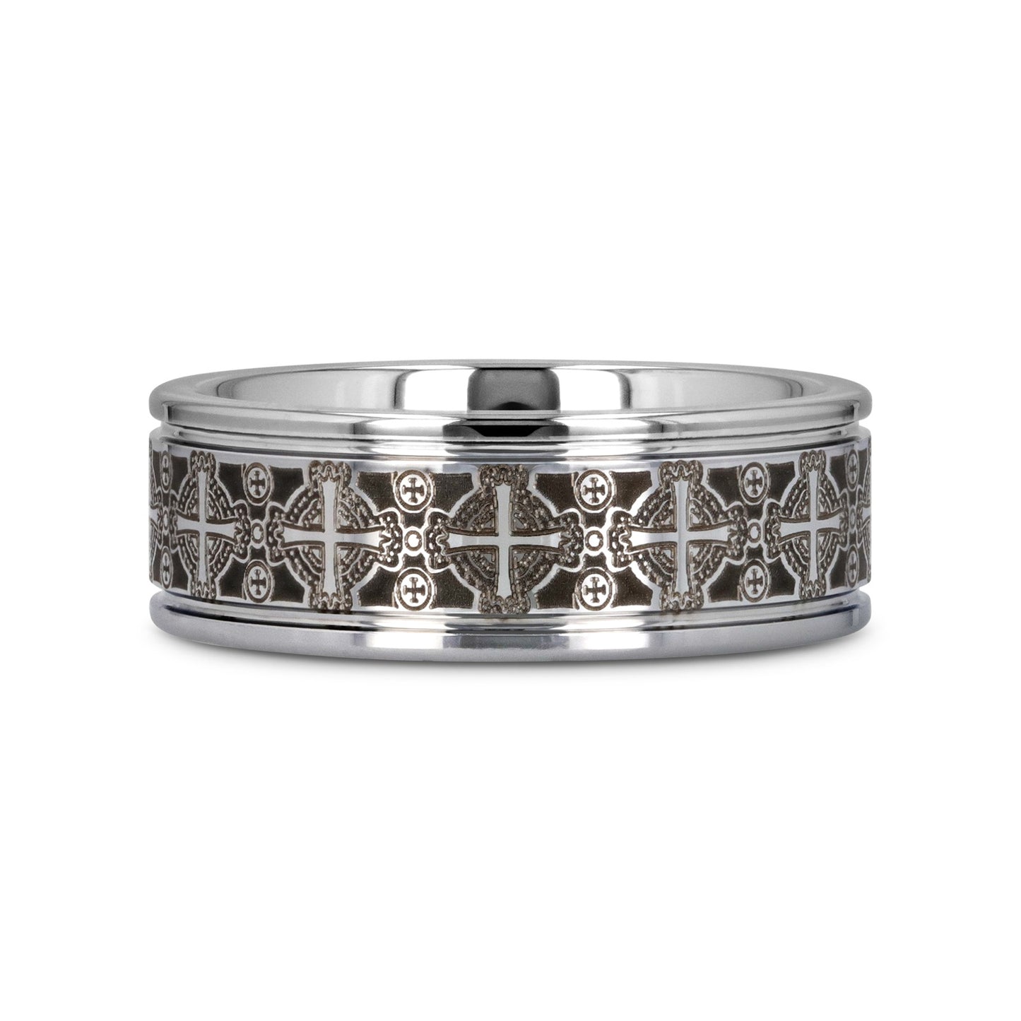 DEACON Flat Tungsten Ring Laser Engraved Celtic Crosses - 8mm