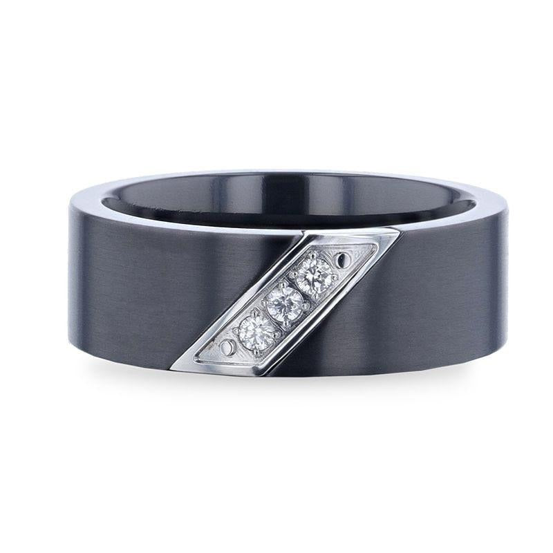 JAGUAR Flat Brushed Black Titanium Men's Wedding Band With Small Silver-Coated Diagonal Design And A Set of 3 Diamonds -