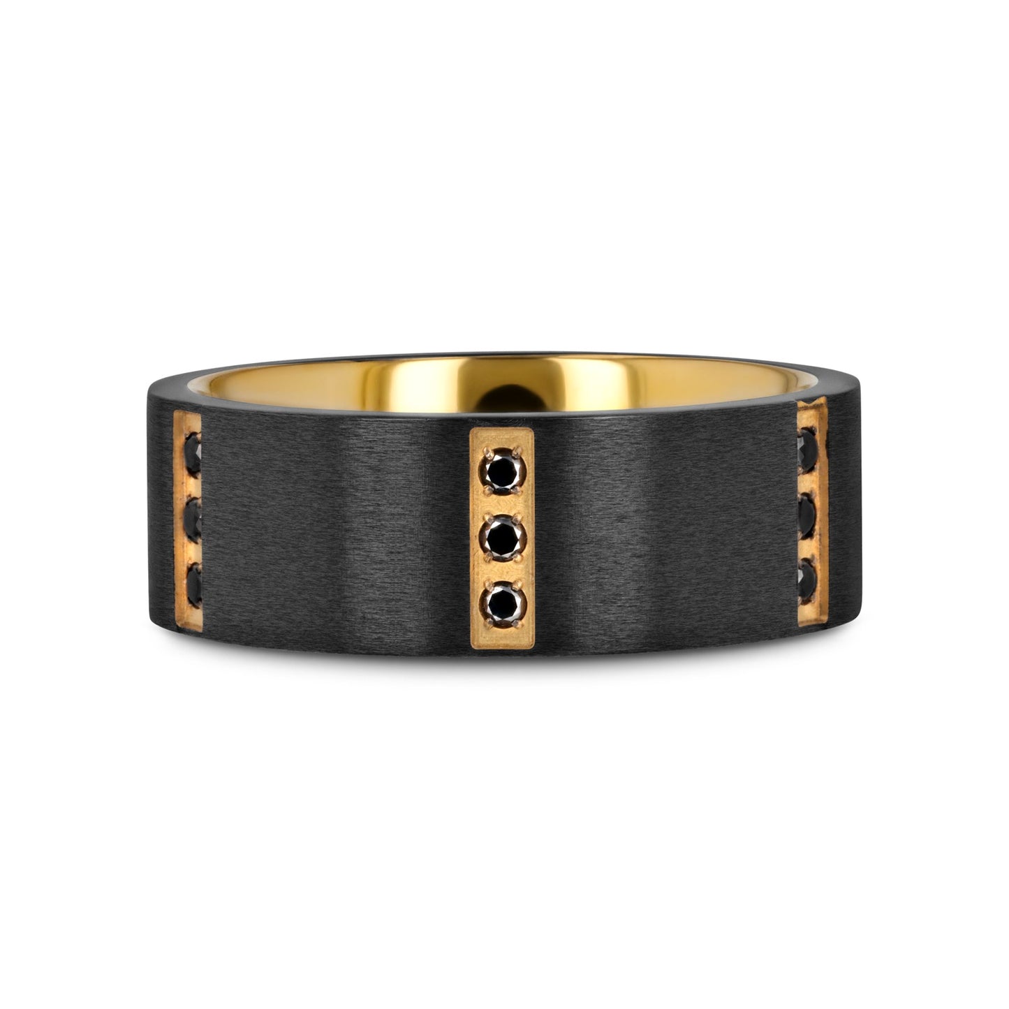 MURAMASA Flat Brushed Black Titanium Ring Gold Plated Inside with 6 Gold Plated Stainless Steel Bezels Triple Black Diam