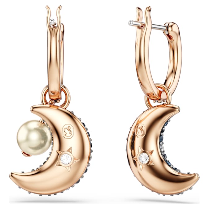 Luna drop earrings Crystal pearl, Asymmetrical design, Moon, Multicolored, Rose gold-tone plated