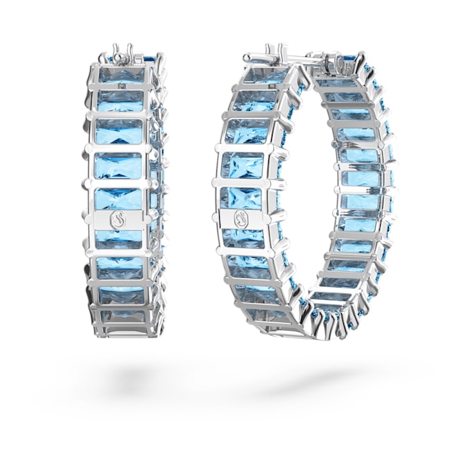 Matrix hoop earrings Baguette cut, Blue, Rhodium plated