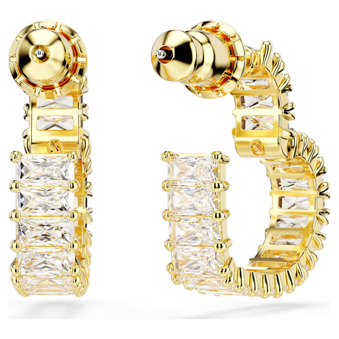 Matrix hoop earrings Baguette cut, Heart, Small, White, Gold-tone plated