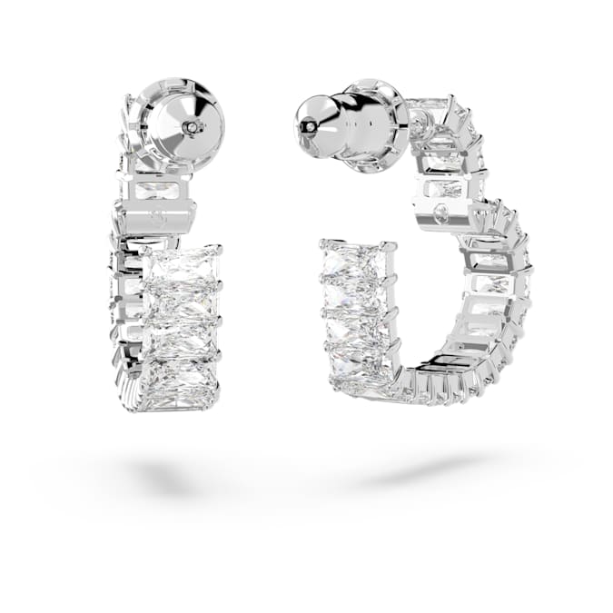 Matrix hoop earrings Baguette cut, Heart, Small, White, Rhodium plated