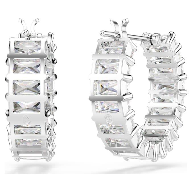Matrix hoop earrings Baguette cut, White, Rhodium plated