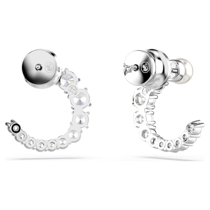 Matrix hoop earrings Crystal pearl, Round cut, White, Rhodium plated