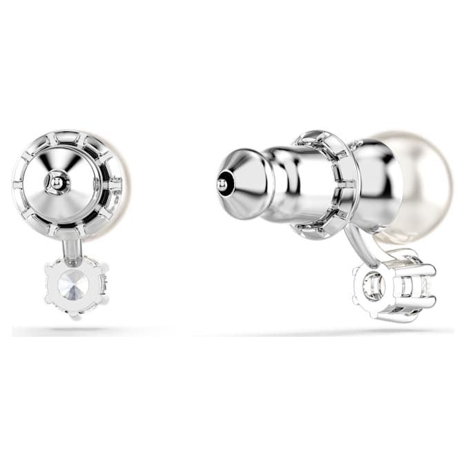 Matrix stud earrings Crystal pearl, Round cut, White, Rhodium plated