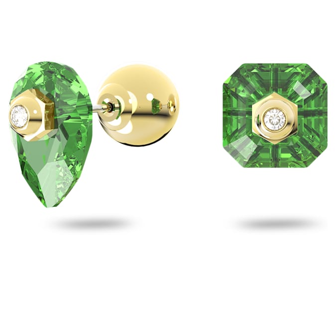 Numina stud earrings Asymmetrical design, Mixed cuts, Green, Gold-tone plated