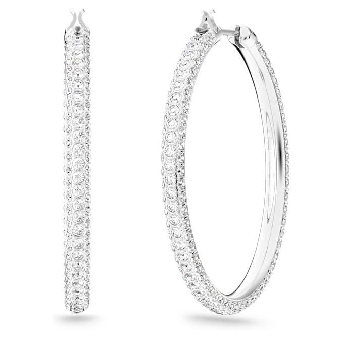 Stone hoop earrings Pavé, Large, White, Rhodium plated