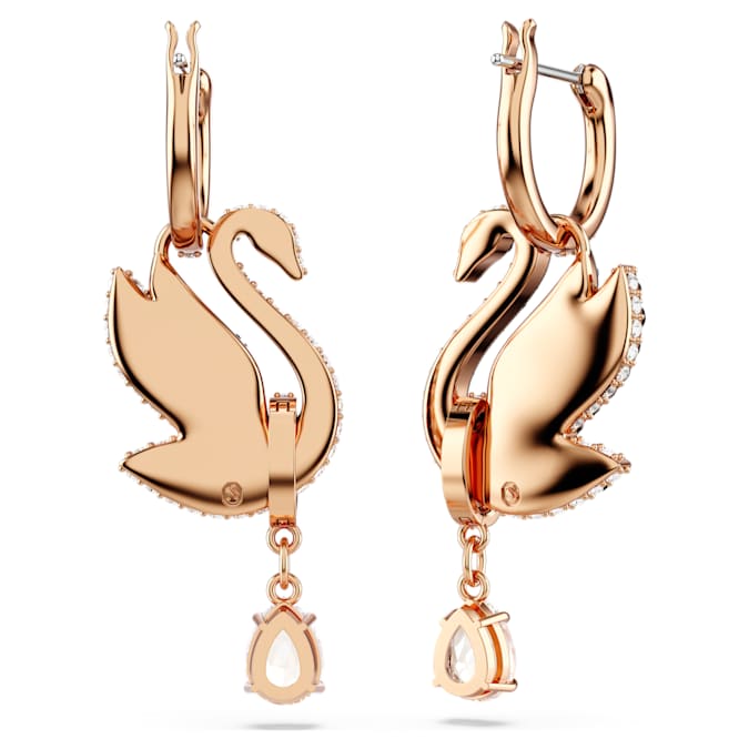 Swan drop earrings Swan, Black, Rose gold-tone plated