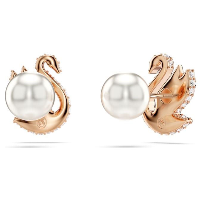 Swan stud earrings Crystal pearl, Swan, Black, Rose gold-tone plated