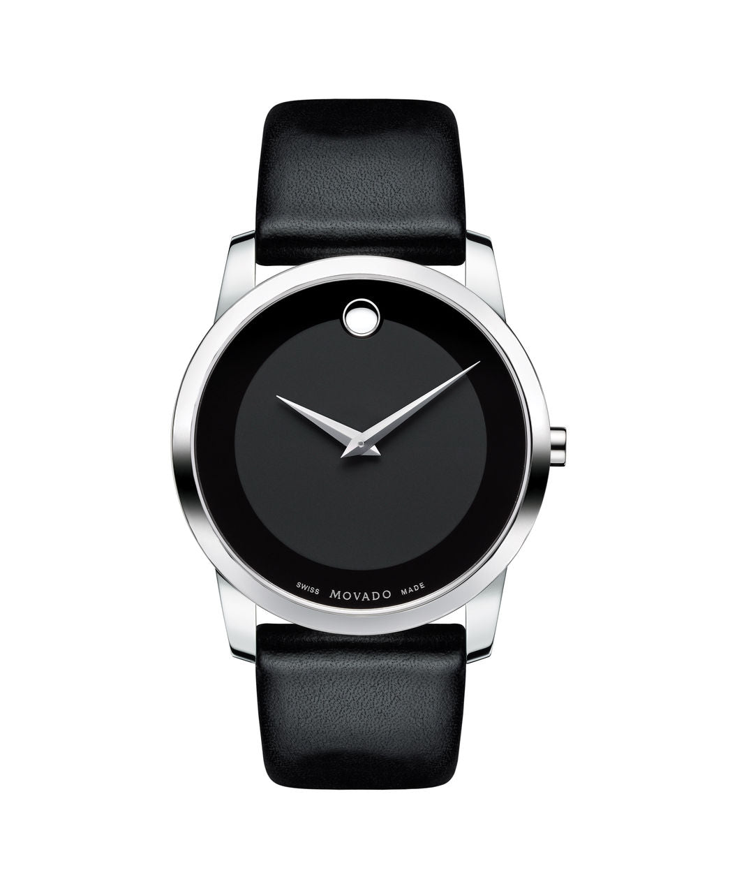 Movado Museum Dial silver tone case on Black Leather strap 40mm