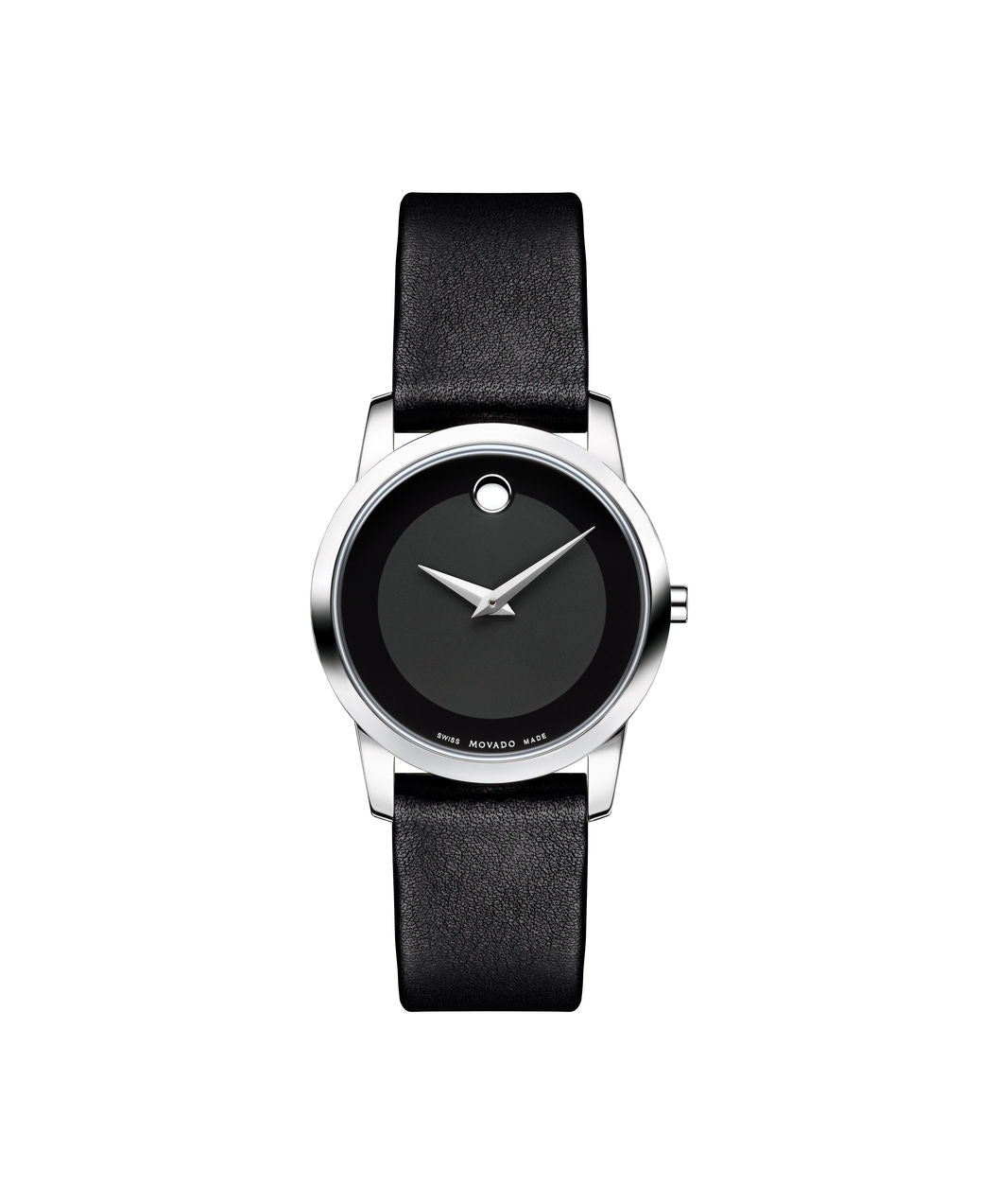 Movado Museum Dial silver tone case on Black Leather strap 28mm 0606503