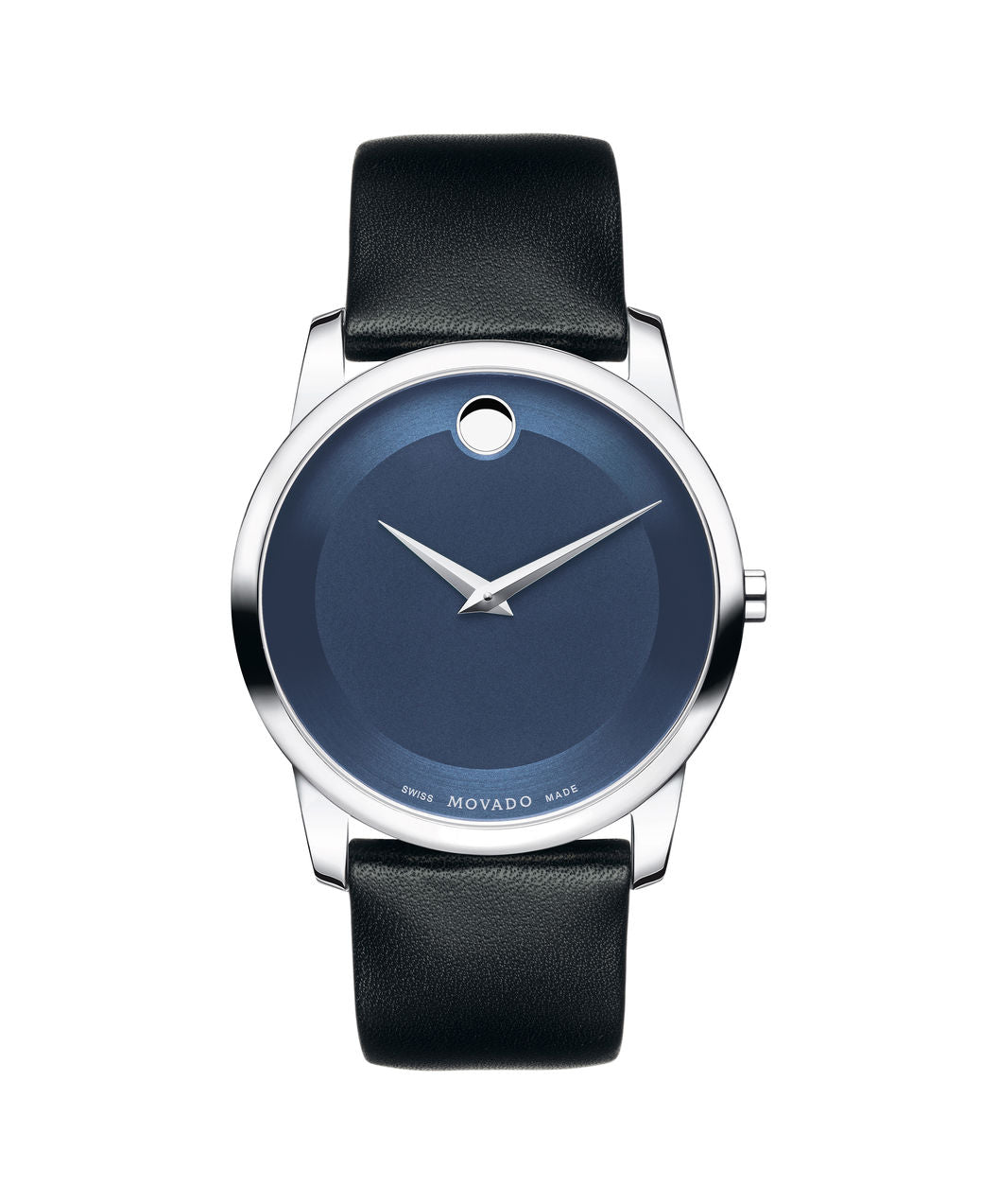 Movado Museum Blue dial Silver tone case on Black Leather strap 40mm 0606610