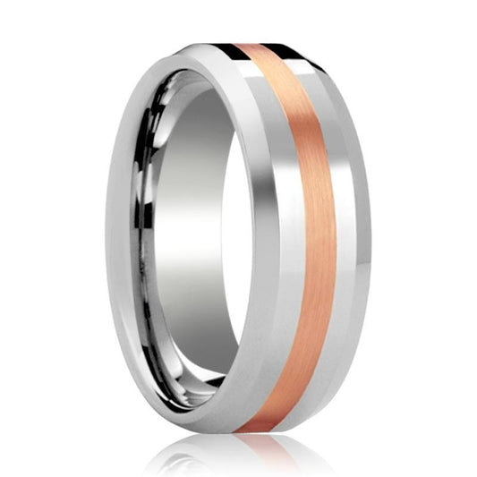 Tungsten Wedding Ring with 14k Rose Gold Stripe Inlay Beveled Edge Polished Finish 6mm, 8mm