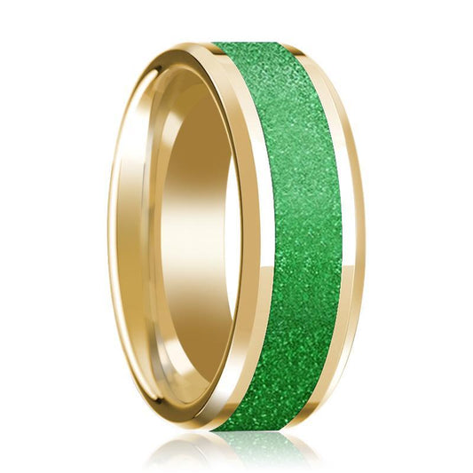 Mens Wedding Ring Beveled Edge 14K Yellow Gold with Textured Green Inlay Polished