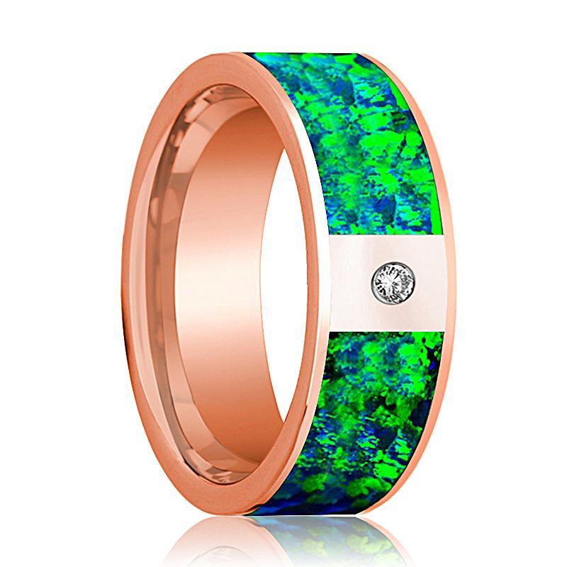 Mens Wedding Band 14K Rose Gold with Emerald Green and Sapphire Blue Opal Inlay and Diamond Flat Polished Design