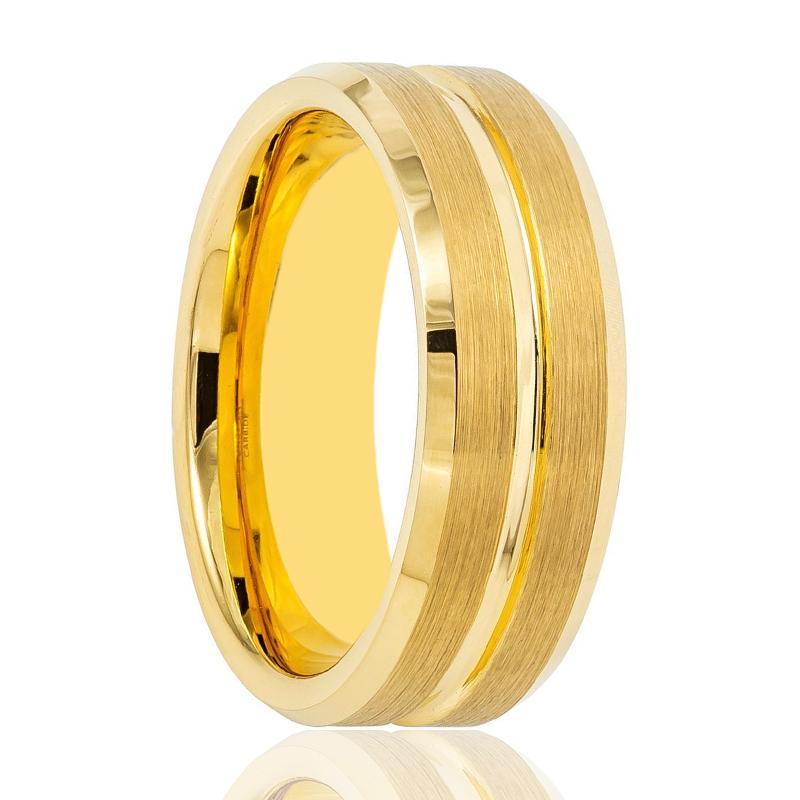 Gold Tungsten Wedding Ring Gold Groove Brushed w/ Polished Beveled Edg –  Monica Jewelers