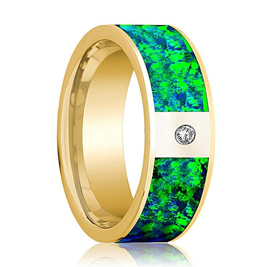 Mens Wedding Band 14K Yellow Gold with Emerald Green and Sapphire Blue Opal Inlay and Diamond Flat Polished Design - AydinsJewelry