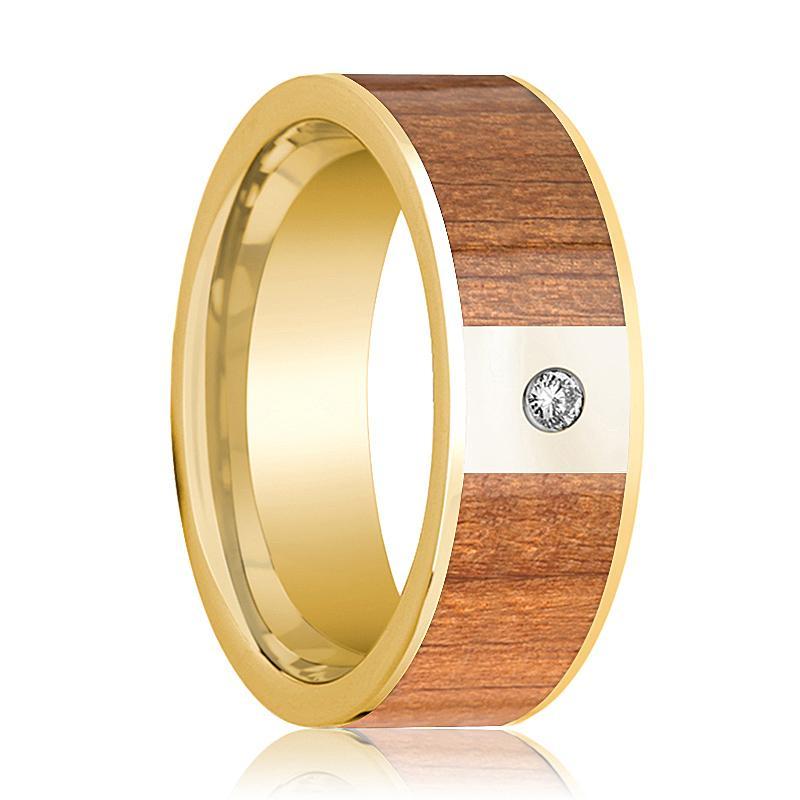 Mens Wedding Band 14k Yellow Gold Flat Wedding Ring with Sapele Wood Inlay Polished Diamond 8mm