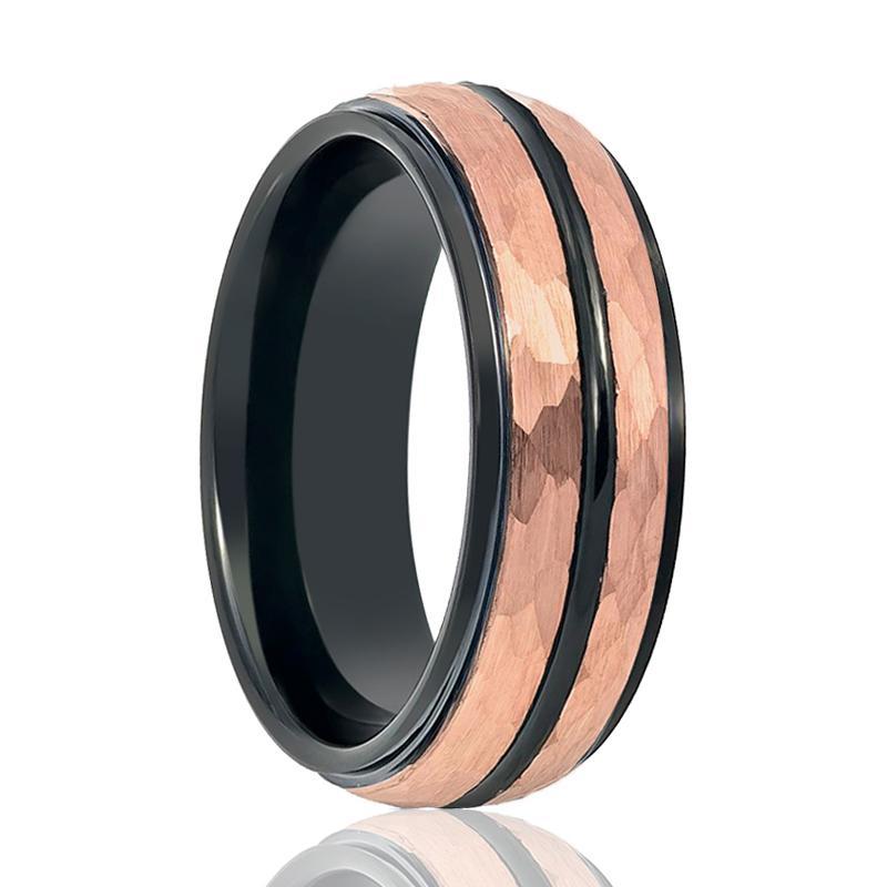 Rose Gold Hammered Center Black Grooved Tungsten Wedding Ring for Men 8mm Stepped Edge Tungsten Carbide Wedding Band
