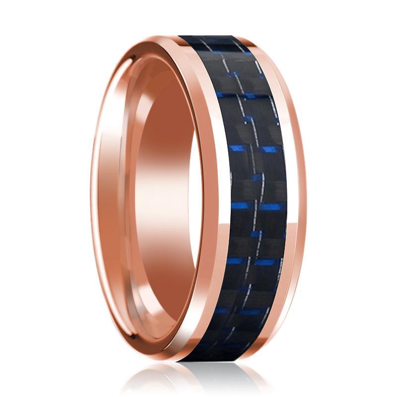 Mens Wedding Ring 14K Rose Gold with Blue Black Carbon Fiber Inlay Beveled Edge Polished Band