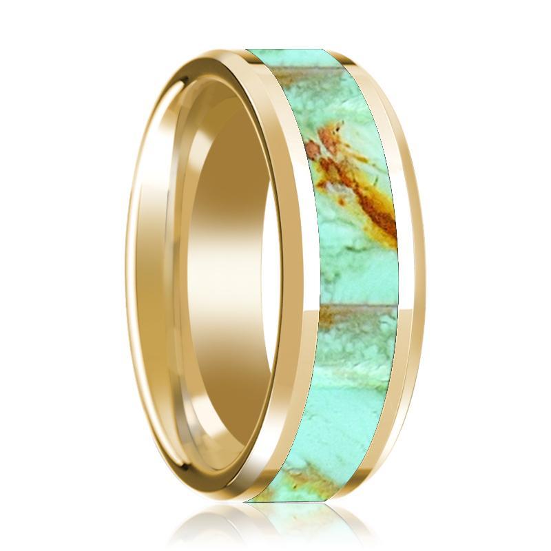 14K Yellow Gold Mens Wedding Ring Inlaid with Turquoise Stone Beveled Edge Polished Design