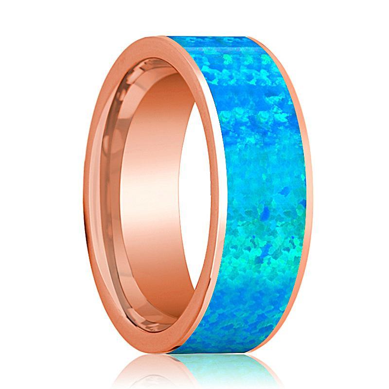 Mens Wedding Band 14K Rose Gold with Blue Opal Inlay Flat Polished Design